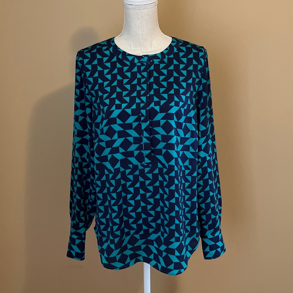 J. Crew Medium Navy/ Teal Blue Geometric Print Long Sleeve Popover Blouse